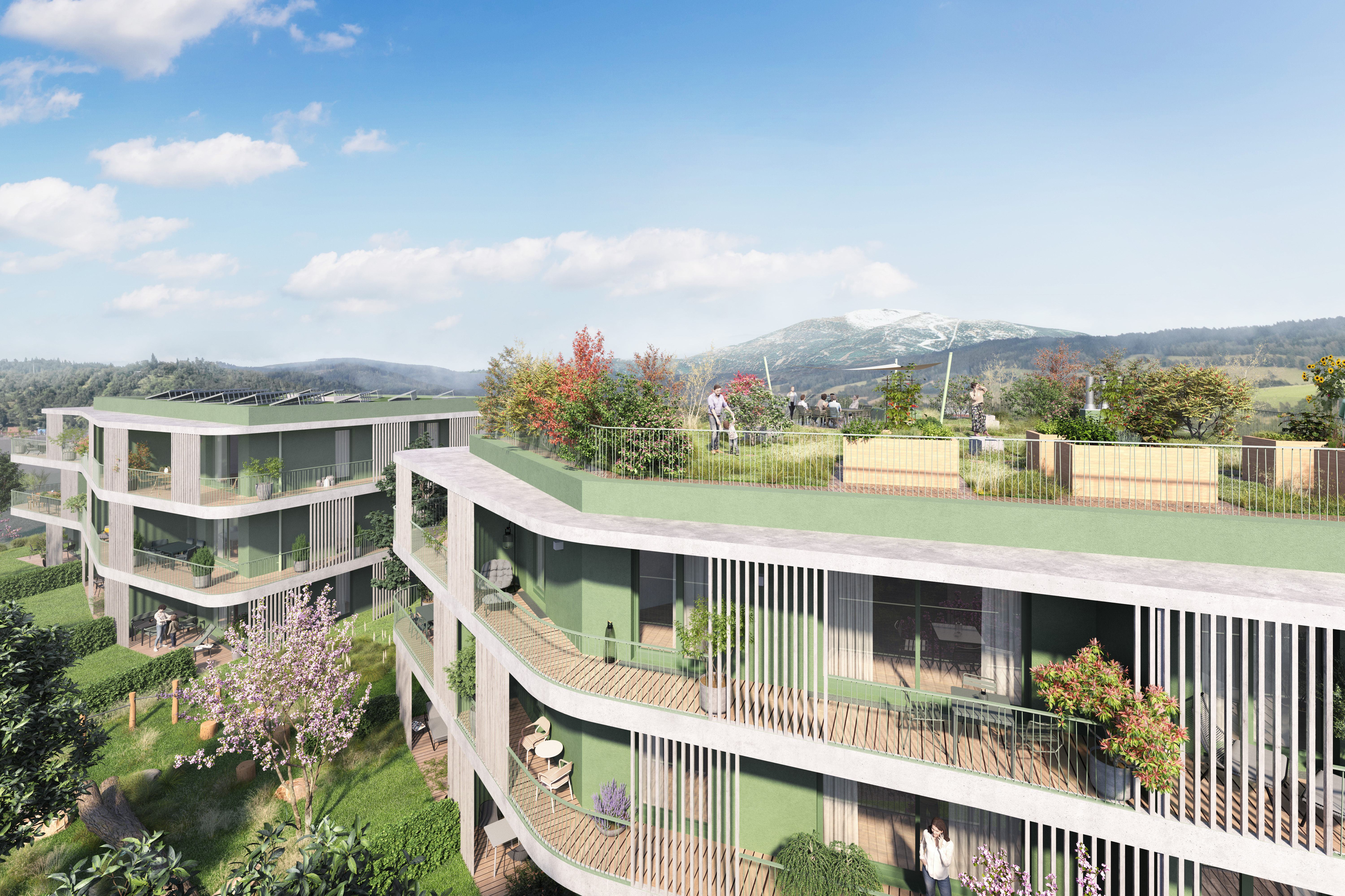 Schrägluftperspektive mit Rooftop und großzügigen Außenräumen