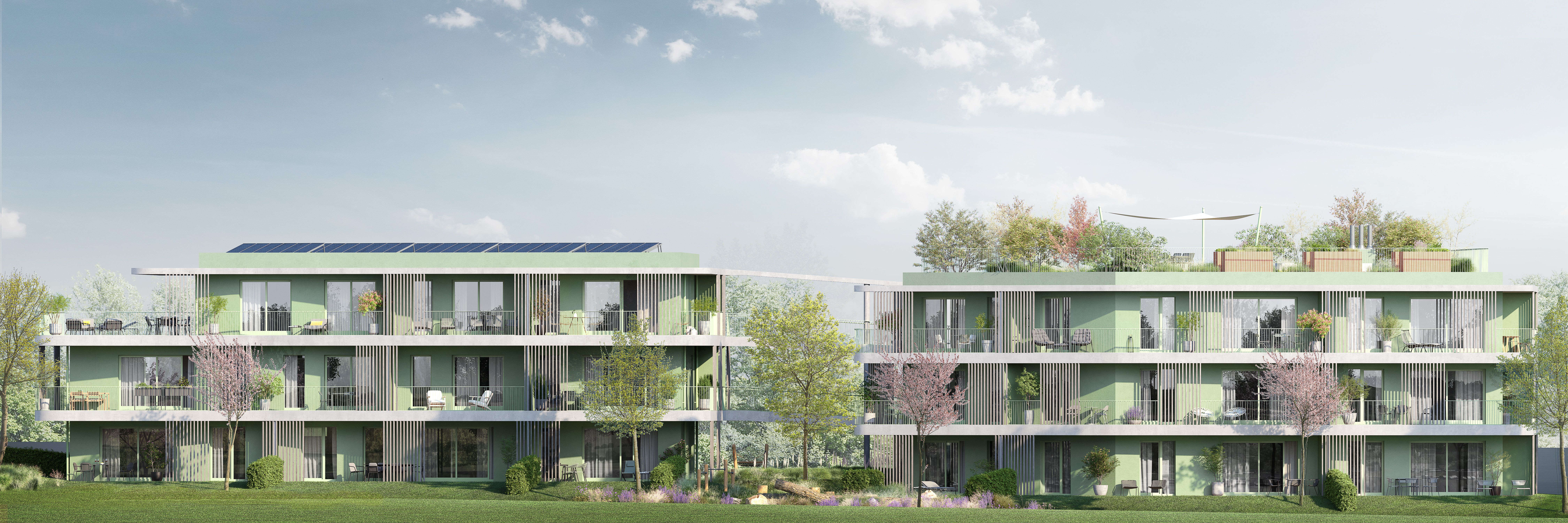 Südansicht von THE ROOF mit beiden Baukörpern und begrüntem Rooftop