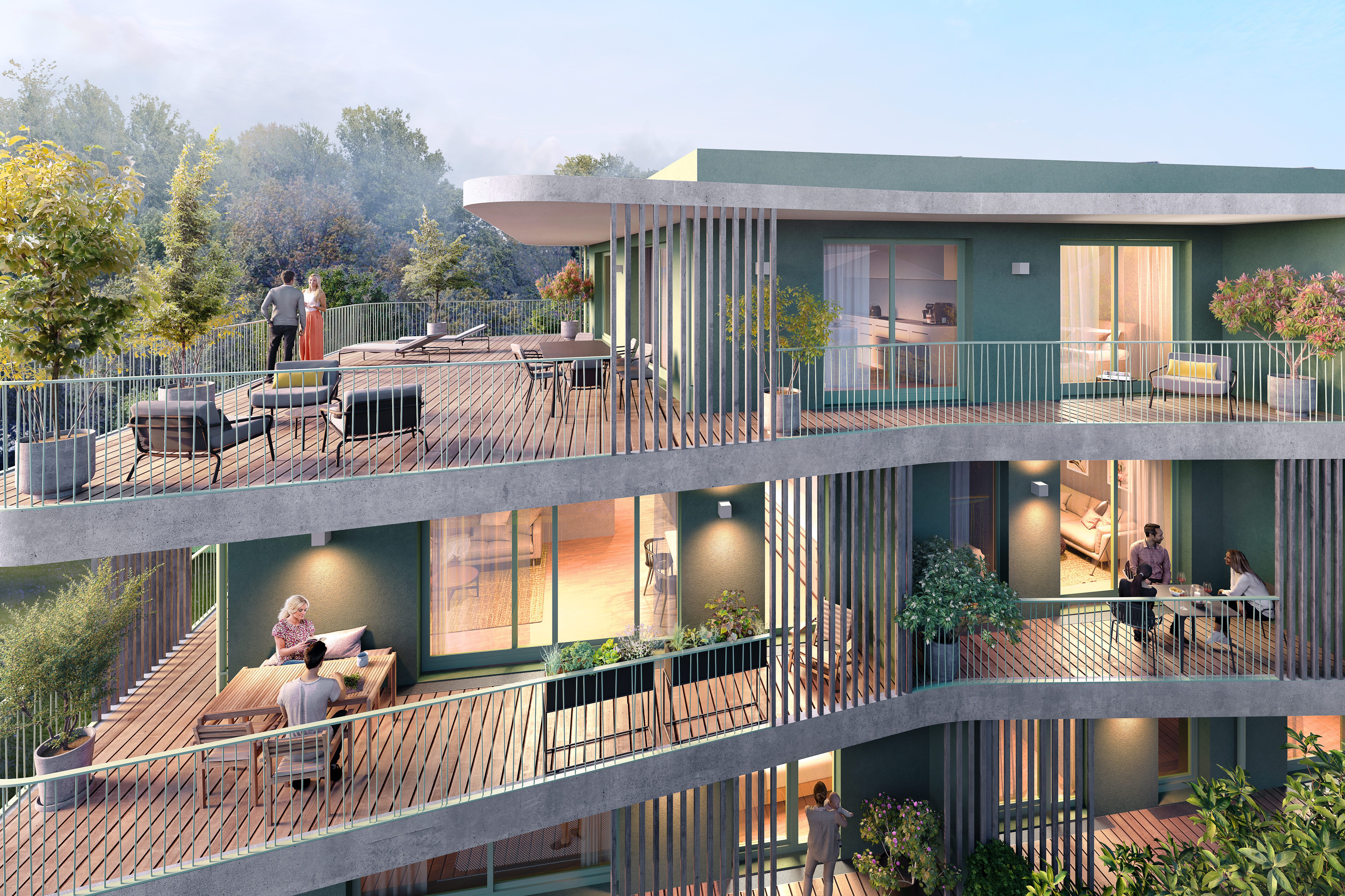 Perspektive der Terrassen und Balkone mit großzügigen Außenflächen